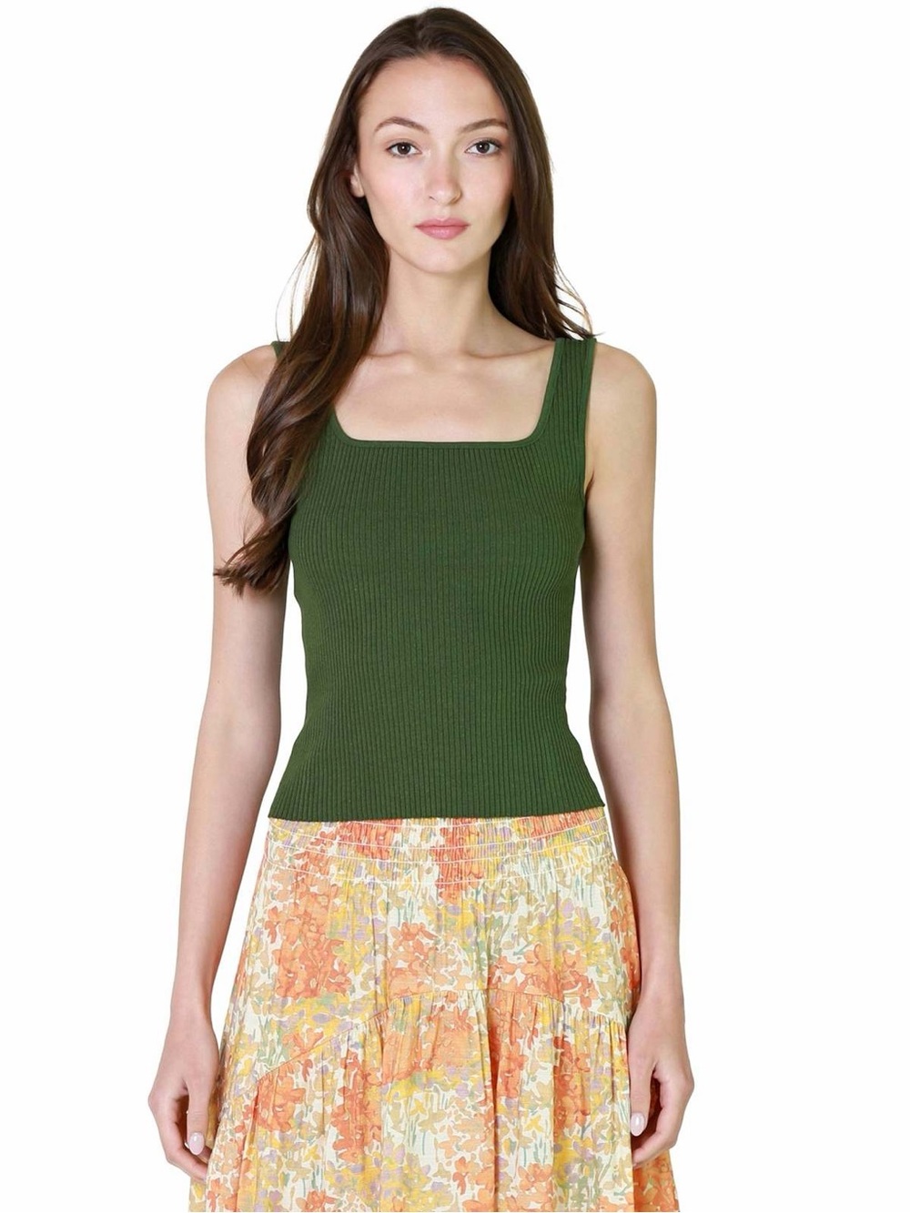 Vince Ribbed Square Neck Tank Top - Olive Green